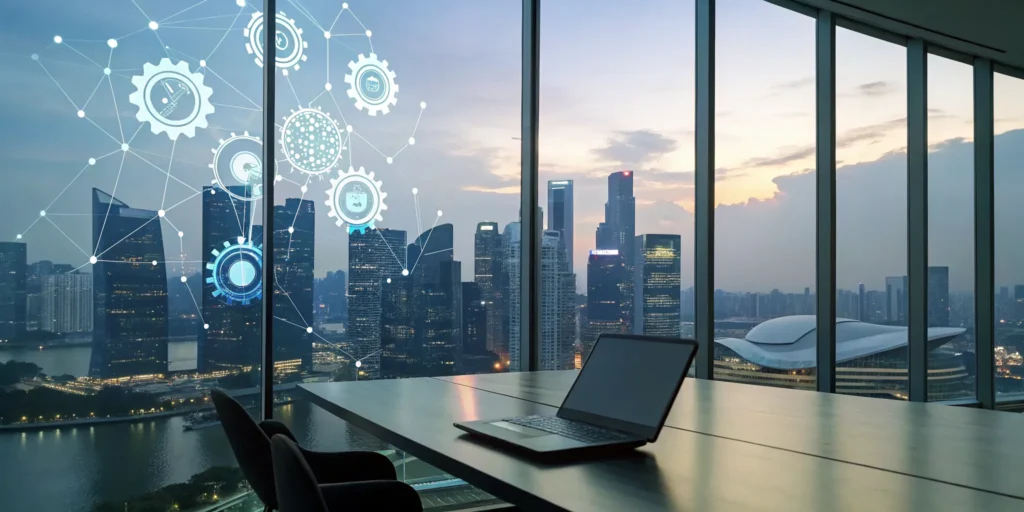 Laptop in a city office with digital icons for the MAS technology risk management guidelines.