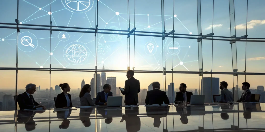 Leaders discussing a technology risk assurance strategy in a meeting.