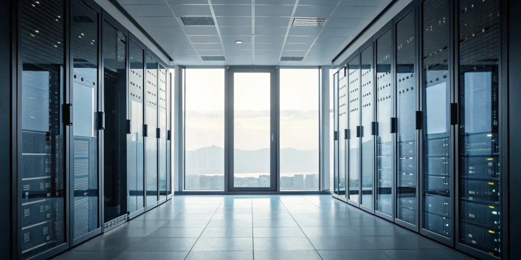 Modern server room with data racks for risk and compliance software solutions.