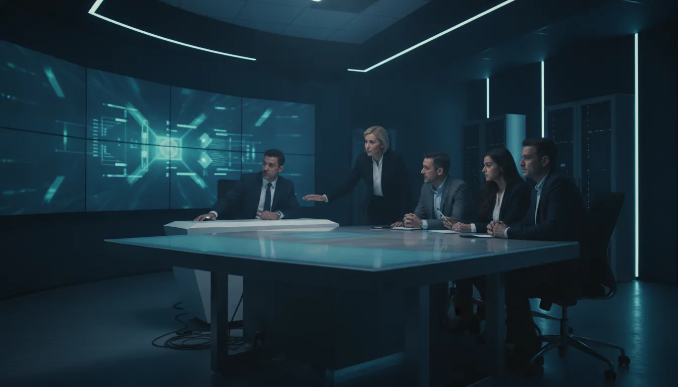 Information security leadership team reviewing secure operations